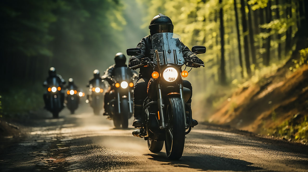 Eine Gruppe von Motorradfahrern fährt langsam durch einen Waldweg